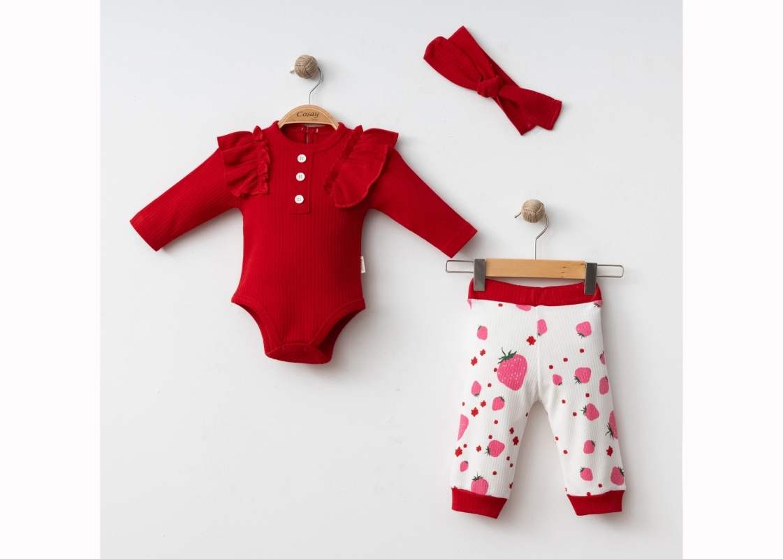 BEBE TK 6-9-12 AY 24130 KıZ ÇİLEK BASKILI 3 LÜ TAKIM