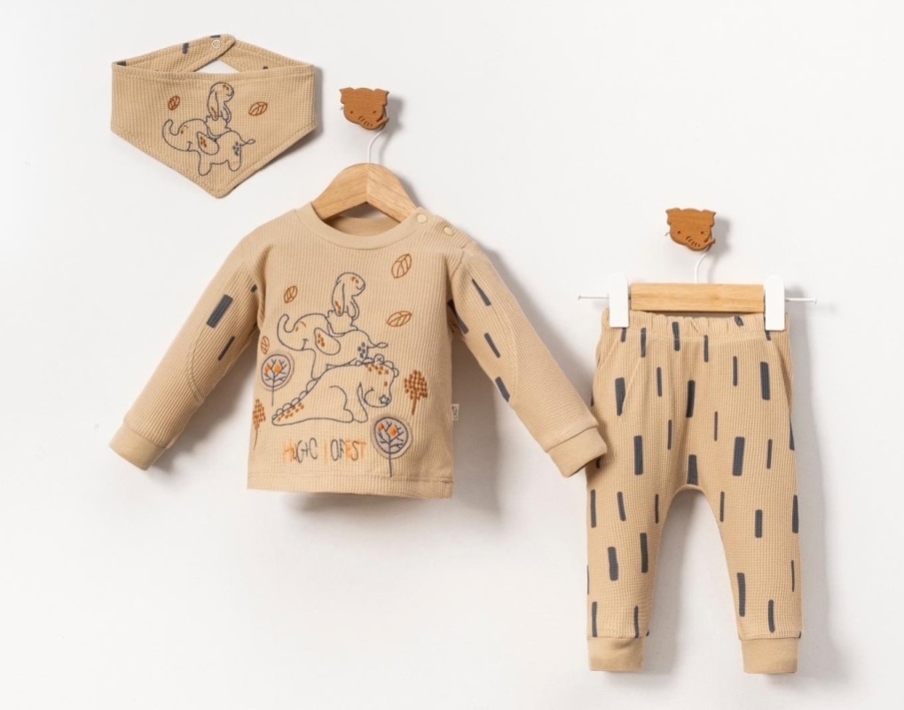 BEBE TK 9-12-18-24 AY 7067 UNISEX NAKIŞLI BASKILI ÖNLÜKLÜ 3’LÜ WAFFLE TAKIM