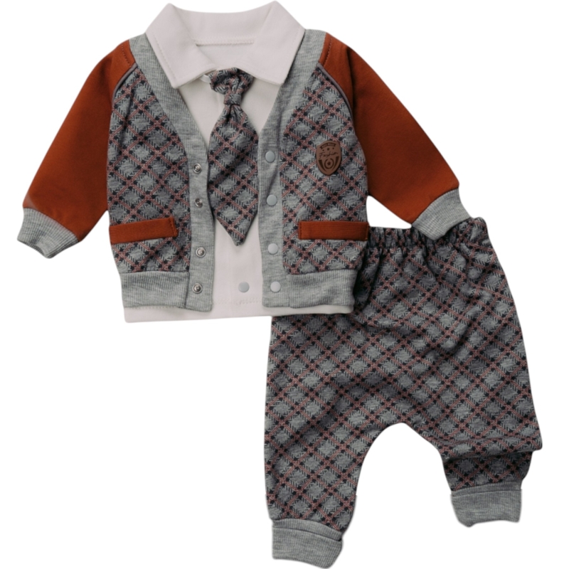 BEBE TK 3-6-9-12 AY 1370 ERKEK BAKLAVA DESENLİ ÜÇLÜ TAKIM