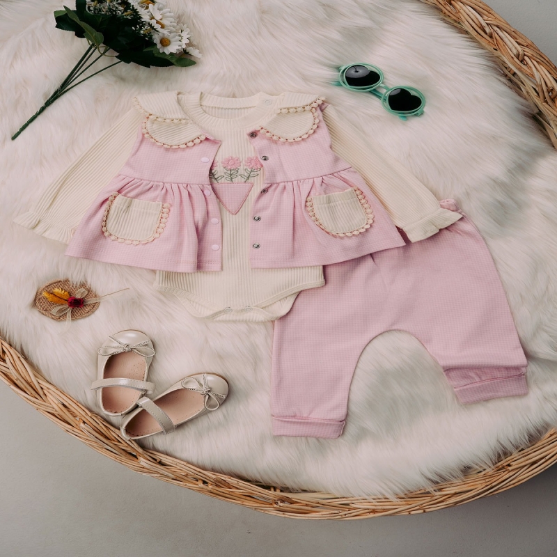 BEBE TK 3-6-9-12 AY 1372 KIZ ÇİFT YAKALI ÜÇLÜ TAKIM