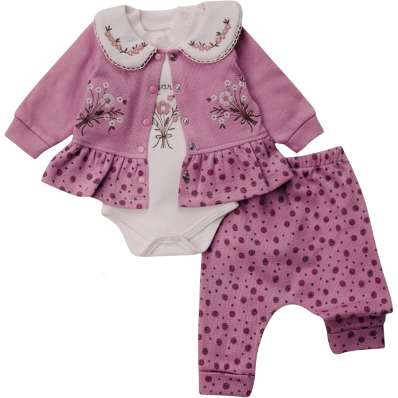 BEBE TK 3-6-9-12 AY 1382 KIZ YAKASI NAKIŞLI ÜÇLÜ TAKIM