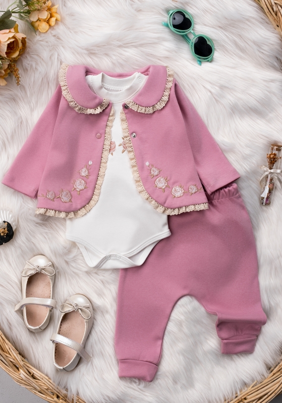 BEBE TK 3-6-9-12 AY 1484 KIZ ÇİÇEKLİ KOLEJ ÜÇLÜ TAKIM