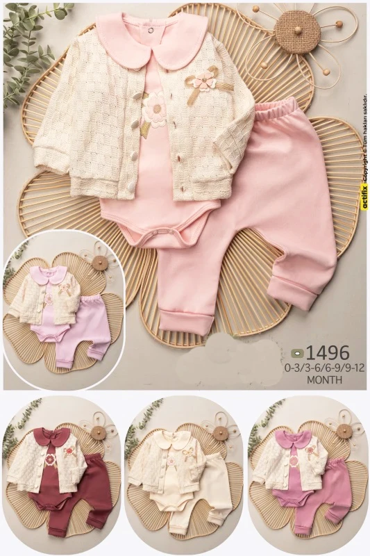 BEBE TK 3-6-9-12 AY 1496 KIZ FİYONKLU ÜÇLÜ TAKIM
