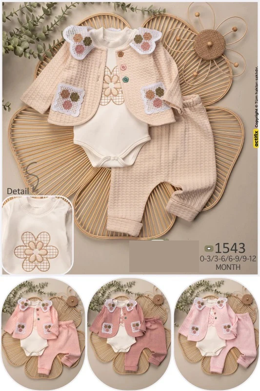 BEBE TK 3-6-9-12 AY 1543 KIZ DÜĞMELİ ÜÇLÜ TAKIM