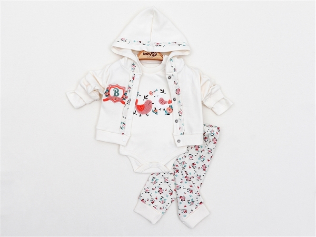 BEBE TK 3-6-9 AY 2212 KIZ ÇİÇEKLİ DETAYLI 3LÜ KAPŞONLU TAKIM
