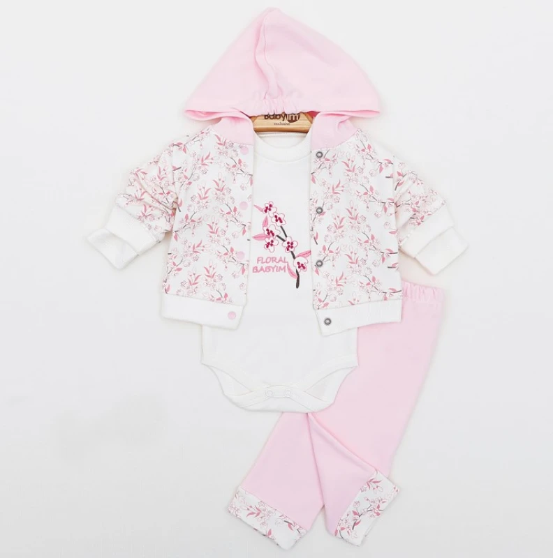 BEBE TK 3-6-9 AY 2325 KIZ ÇİÇEK NAKIŞLI 3,LÜ KAPŞONLU TAKIM