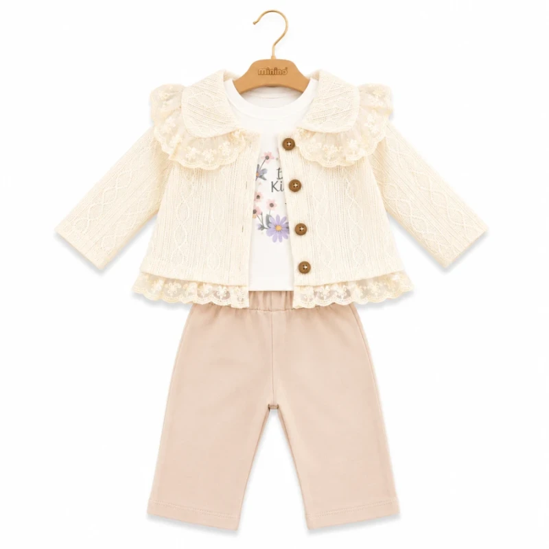 BEBE TK 6-9-12-18 AY 1902 KIZ DANTELLİ HIRKALI 3LÜ TAKIM