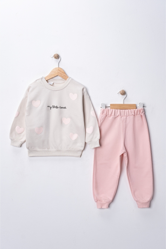 BEBE TK 6-9-12-18 AY 5009 KIZ İKİ İPLİK OVERSİZE AYLIK KALPLİ KIZ BASKILI TAKIM