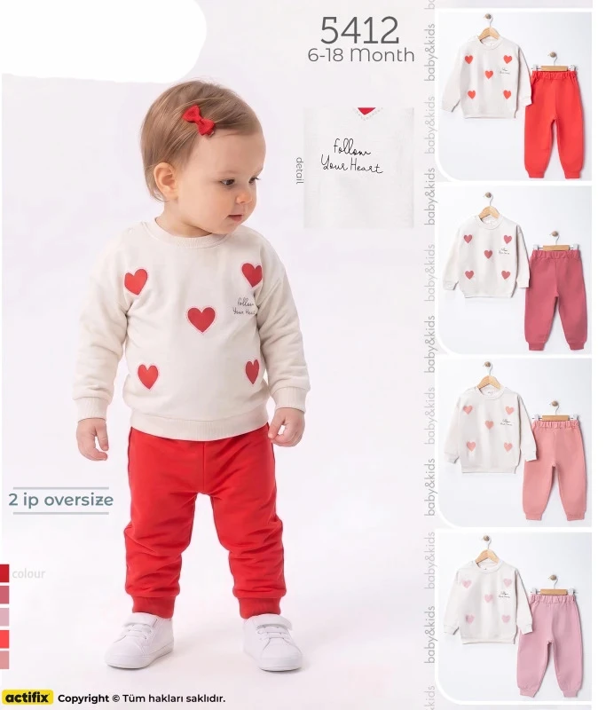 BEBE TK 6-9-12-18 AY 5412 KIZ İKİ İPLİK OVERSİZE AYLIK KALPLİ KIZ BASKILI TAKIM