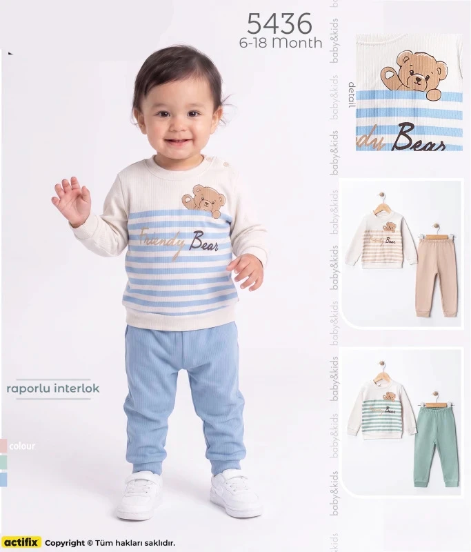 BEBE TK 6-9-12-18 AY 5436 ERKEK RAPORLU İNTERLOK AYLIK ÇİZGİLİ AYILI ERKEK TAKIM