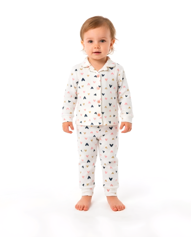 BEBE TK 9-12-18-24 AY 1121 KIZ RENKLİ KALPLİ AYLIK PİJAMA TAKIM
