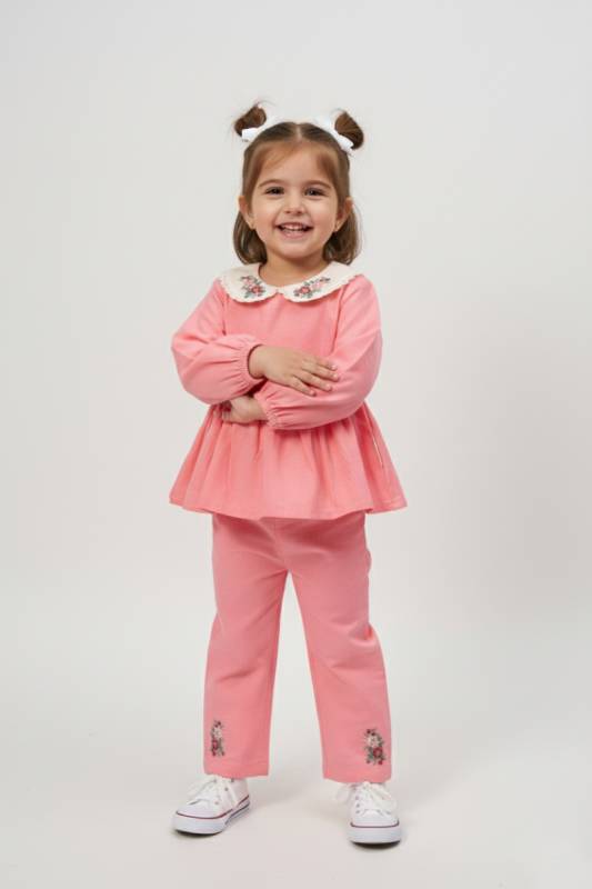 BEBE TK 9-12-18-24 AY 3002 KIZ YAKA NAKIŞLI VE PAÇA NAKIŞLI İKİLİ TAKIM
