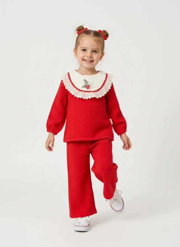 BEBE TK 9-12-18-24 AY 3014 KIZ ÖN ROBA NAKIŞLI VE DANTELLİ İKİLİ TAKIM