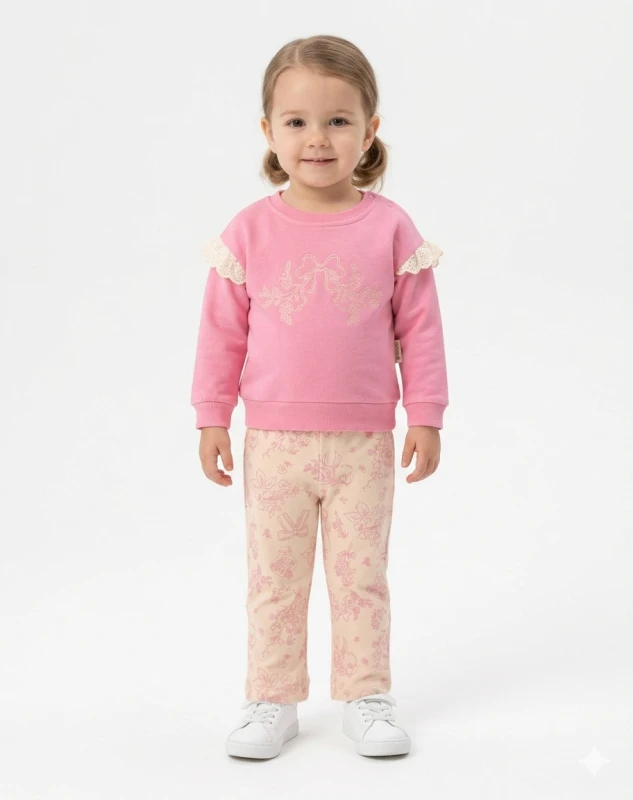 BEBE TK 9-12-18-24 AY 3027 KIZ ON NAKIŞLI PANTOLUN PASKİLİ İKİLİ TAKIM