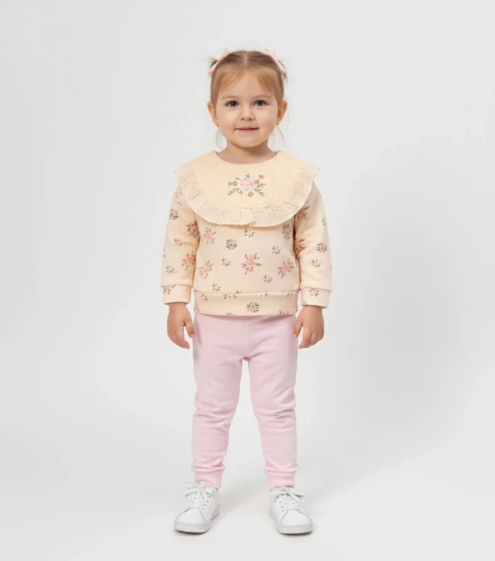 BEBE TK 9-12-18-24 AY 3032 KIZ ZARİF ÇİÇEKLİ ÖN DANTELLİ VE NAKIŞLI İKİLİ TAKIM