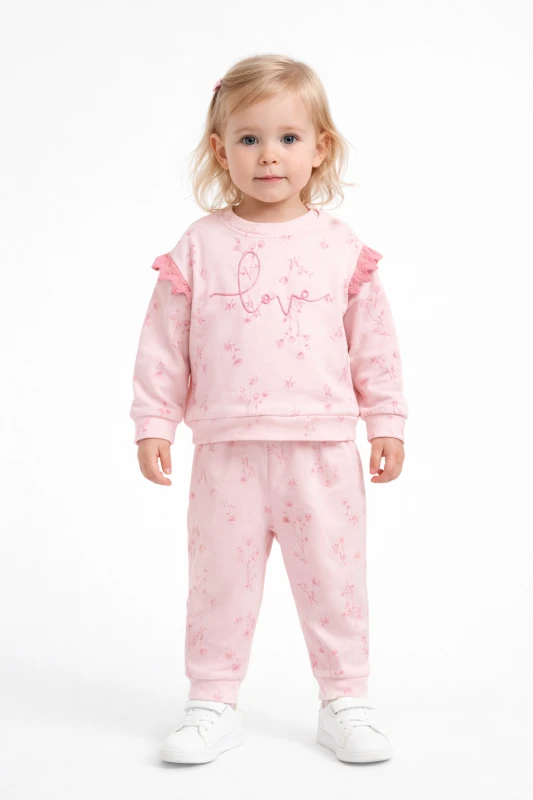 BEBE TK 9-12-18-24 AY 3036 KIZ LOVE NAKIŞLI KOL FIRFIRLI İKİLİ TAKIM