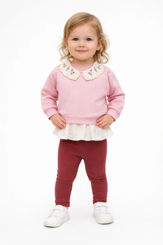 BEBE TK 9-12-18-24 AY 3047 KIZ ÇİÇEK NAKIŞLI YAKA İKİLİ TAKIM