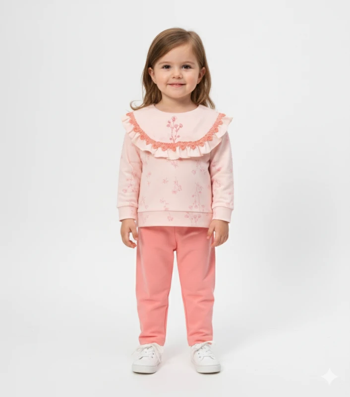 BEBE TK 9-12-18-24 AY 3058 KIZ ZARİF ÇİÇEK NAKIŞLI İKİLİ TAKIM