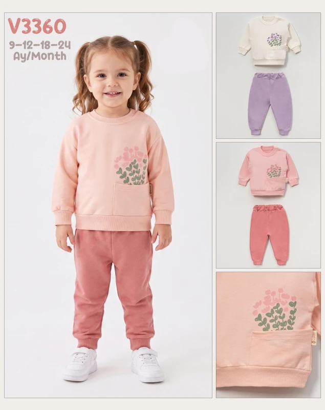 BEBE TK 9-12-18-24 AY 3360 KIZ ÇİÇEK BASKILI CEPLİ İKİLİ TAKIM