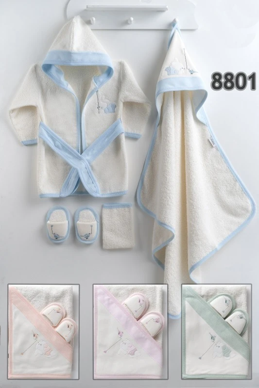 BORNOZ 1-12 AY 8801 UNİSEX KALPLİ KUŞ BORNOZ SET