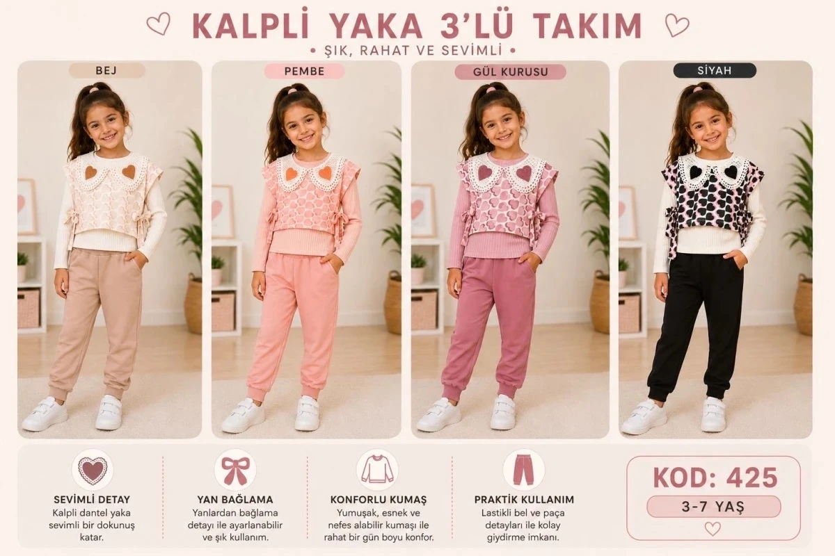 ÇOCUK TK 3-4-5-6-7 YAŞ 425 KIZ KALPLİ YAKA