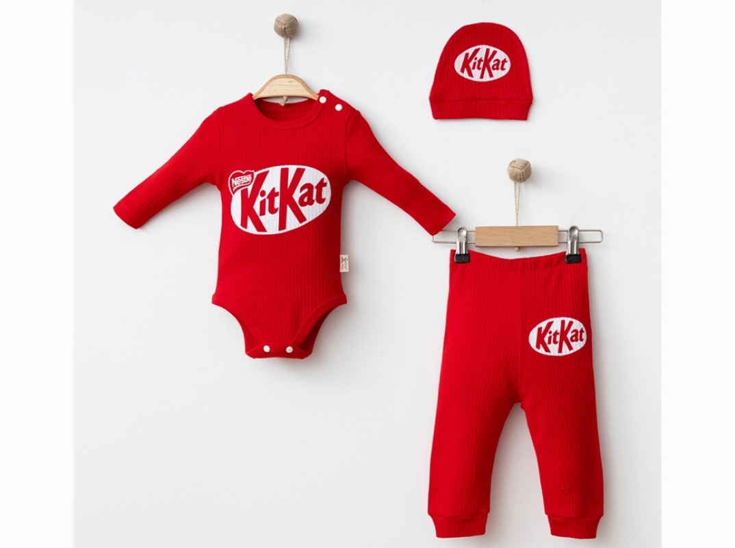 BEBE TK 3-6-9 AY 24113 UNISEX KİTKAT BASKILI 3 LÜ TAKIM