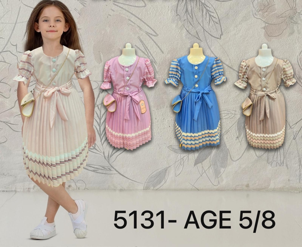 ELBİSE 5-6-7-8 YAŞ 5131 KıZ ETEĞİ KOLU ÇİZGİLİ PLİSELİ ELBİSE