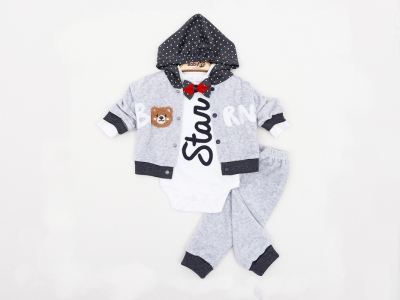 BEBE TK 3-6-9 AY 2434 ERKEK KADİFE STAR 3LÜ KAPŞONLU TAKIM