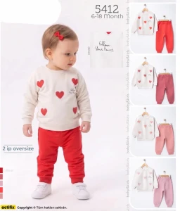 BEBE TK 6-9-12-18 AY 5412 KIZ İKİ İPLİK OVERSİZE AYLIK KALPLİ KIZ BASKILI TAKIM