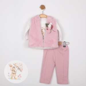 BEBE TK 6-9-12-18 AY 8021 KIZ KAPŞONLU PELUŞ 3LÜ KIZ TAKIM