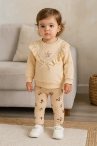 BEBE TK 9-12-18-24 AY 2806 KIZ ON ÇİÇEK NAKISLI İKİLİ TAKIM