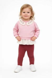 BEBE TK 9-12-18-24 AY 3047 KIZ ÇİÇEK NAKIŞLI YAKA İKİLİ TAKIM