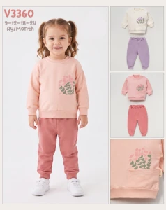 BEBE TK 9-12-18-24 AY 3360 KIZ ÇİÇEK BASKILI CEPLİ İKİLİ TAKIM