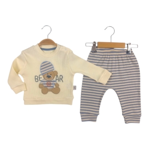 BEBE TK 9-12-18-24 AY 5103 ERKEK ŞAPKALI AYI NAKIŞ RİBANA 2Lİ TAKIM