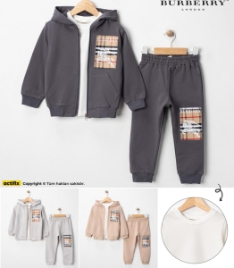 ÇOCUK TK 2-7 YAŞ 7133 ERKEK BURBERRY NAKIŞLI 3LÜ ERKEK BEBEK TAKIM