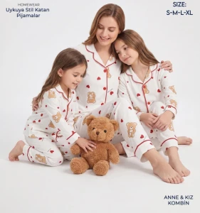 PİJAMA S-M-L-XLBEDEN 3007 KIZ KALP AYICIK ANNE BOY PİJAMA TAKIM